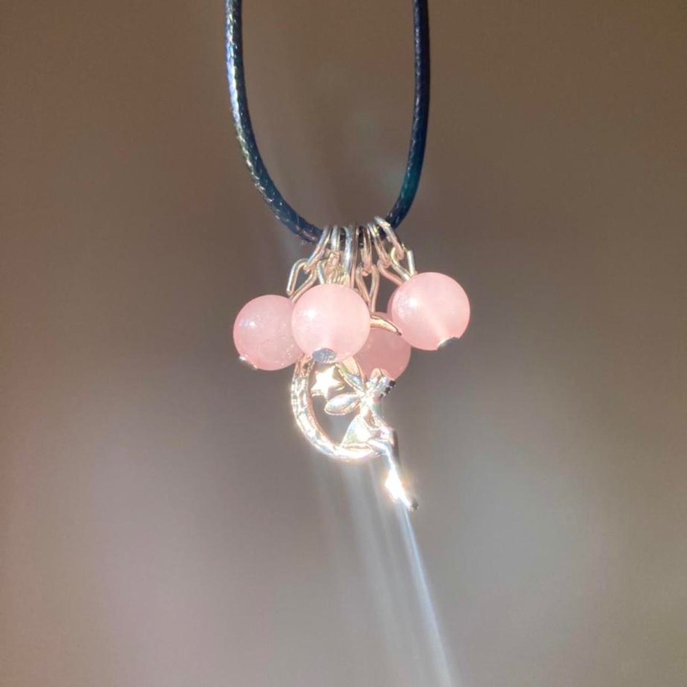 Multi five pc rose quartz ball gemstone crystal unique silver fairy necklace